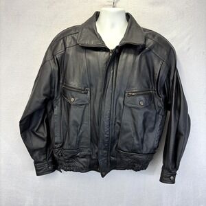 Vintage GreatLand Leather Bomber Jacket Mens Large Black Pockets Insulated Moto